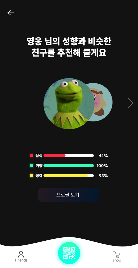 관심과 성격의 유사도를 막대로 표현한 LikeU 친구 추천 목업.